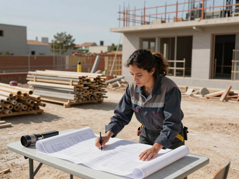 Wide-angle view of a small construction site in Castellón, a Latina woman in work clothes reviewing blueprints on a table outdoors, bright midday natural light, building materials stacked behind her
