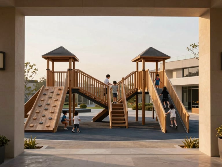 Sunlit modern outdoor play space with architectural wooden climbing structures, children playing, soft warm golden-hour light