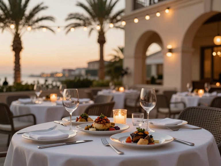 Close-up of an elegant outdoor restaurant terrace at dusk, warm lighting from string lights and candles, beautiful table setting with artisanal dishes, soft focus background of palm trees, 35mm lens