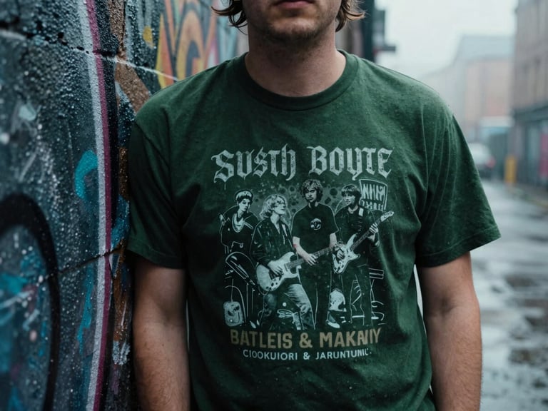 A close-up of a band's custom-printed t-shirt, worn by a musician leaning against a graffiti-covered wall in a wet Glasgow alley, overcast misty daylight, cinematic