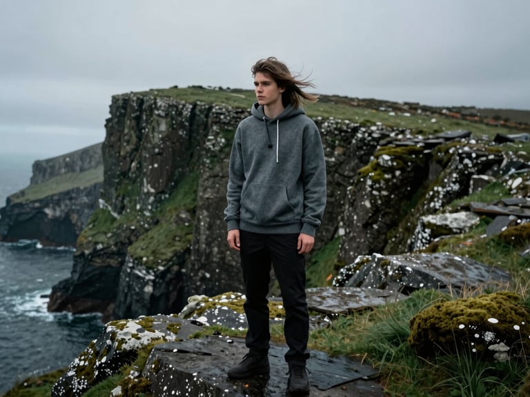 A model wearing a custom event hoodie, standing on a rugged Scottish coastal cliff, wind-swept hair, dramatic natural shadows, atmospheric, cinematic