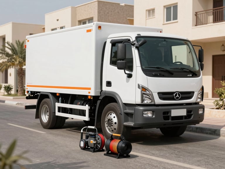 A modern Al-Alamiya professional service truck parked in a clean Riyadh residential street, equipped with professional water pumps and diagnostic reels, bright daylight.