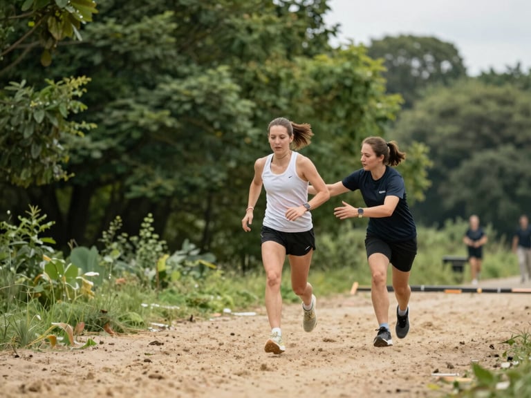 An adaptive athlete navigating an outdoor obstacle course with a volunteer running alongside offering encouragement, natural overcast daylight, rich green tones.