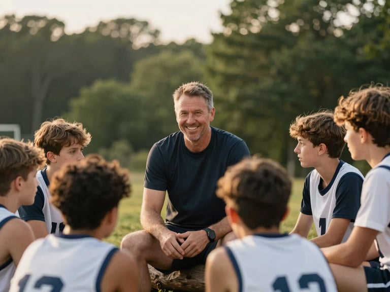 An intimate, candid medium shot of a coach smiling while talking to a small group of young athletes sitting on a log, soft golden hour lighting, forest background.