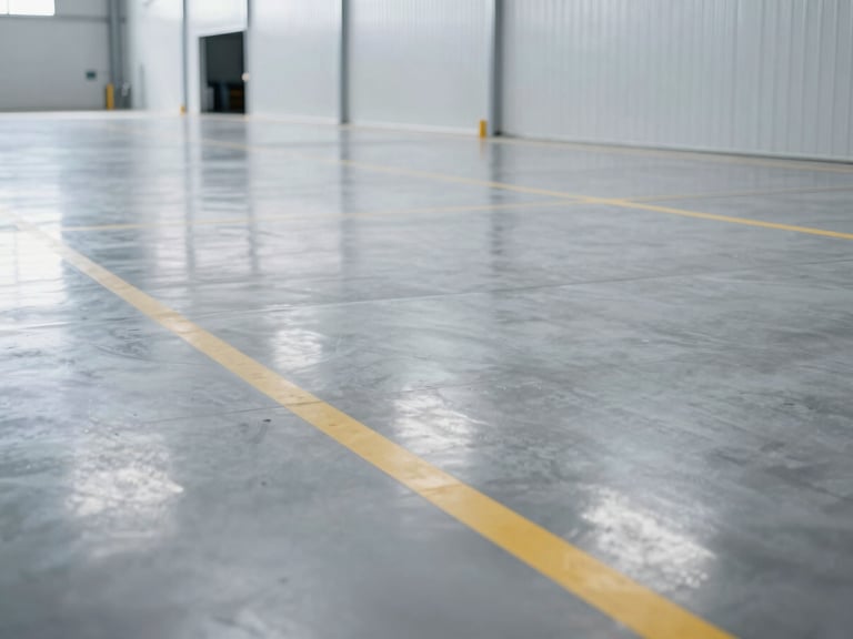 Expansive, pristine warehouse floor with clear safety markings, reflecting cool industrial lighting, wide shot, high depth of field, sharp industrial photography.