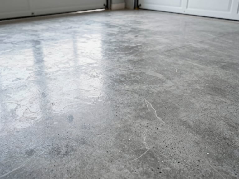 Pristine residential garage floor with decorative flake finish, reflecting bright overhead lighting, wide shot, high depth of field, sharp industrial photography.