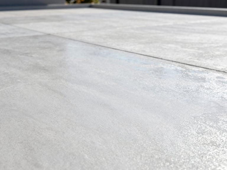Close-up of a decorative concrete patio with a subtle texture, bright cool daylight, low angle, high depth of field, sharp industrial photography.