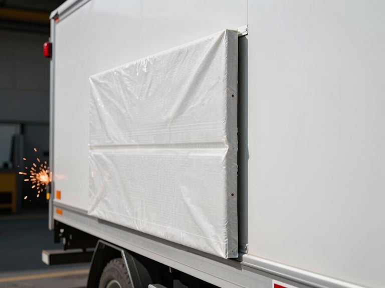 Close-up of a high-density thermal insulation panel being fitted into a refrigerated truck body, clean white surfaces, sharp focus on structural seals, dramatic workshop lighting