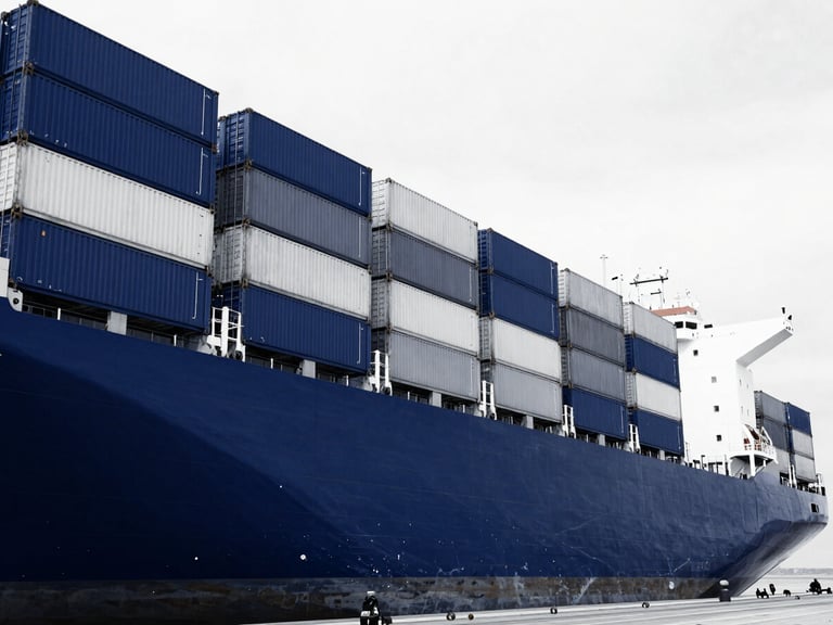 High-contrast duotone photography of a massive container ship docked at Port Klang, stark deep navy blue and crisp white tones, sharp architectural angles, 35mm perspective.