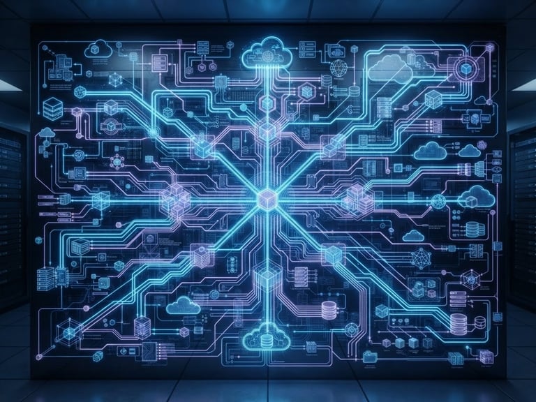 Wide architectural diagram with glowing electronic blue lines and subtle lavender accents, representing complex enterprise systems integration, sharp focus, studio lighting.