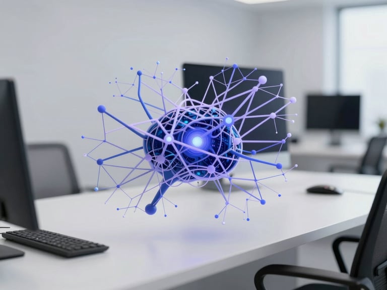 Sleek editorial photography of a neural network graphic overlaid on a clean tech workspace, electronic blue accents, sharp focus.