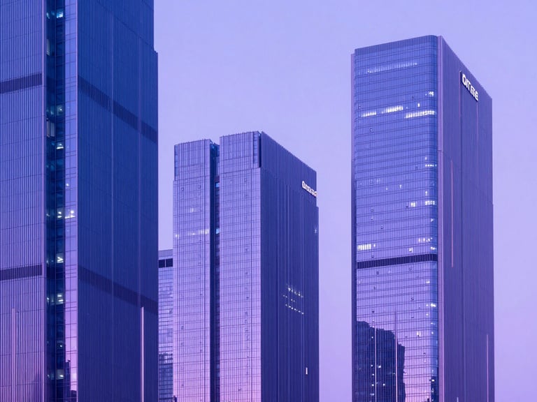 Sleek editorial photography of abstract architectural structures representing digital infrastructure, subtle lavender backlighting, sharp focus.