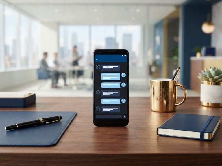 A clean, modern corporate office desk with a smartphone displaying a secure chat interface, professional lighting, deep blue and gold accents