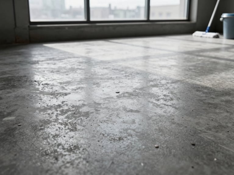 Close-up of a freshly cleaned concrete floor in an Ontario commercial space, overcast window light raking across the surface revealing the clean finish, a mop head and bucket visible at the far edge, no people posed