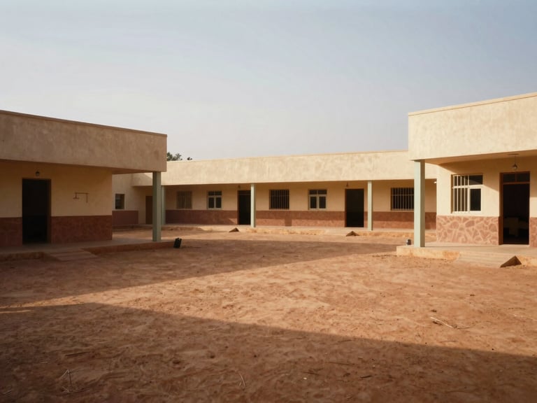 Wide shot of the CFP Ourossogui campus courtyard, warm afternoon Sahelian sun casting soft shadows on the modern workshop buildings