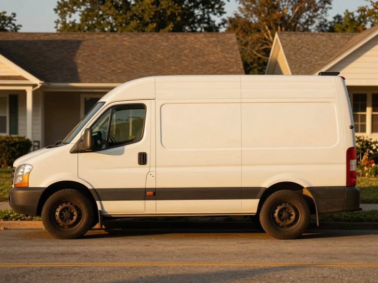 Warm editorial photography of a clean, warm-toned delivery vehicle parked in a sunny suburban Missouri neighborhood, golden hour