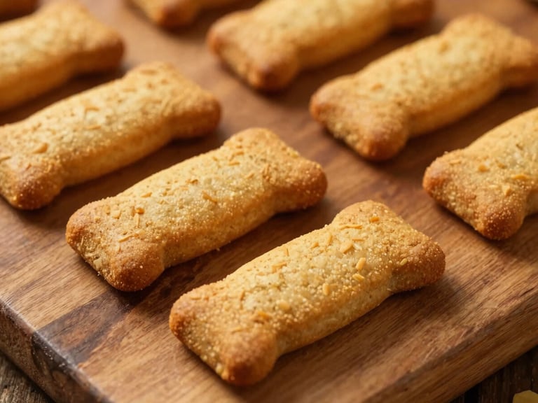 Warm editorial photography close-up shot of textured, golden-brown sweet potato dog biscuits on a rustic wooden board, shallow depth of field