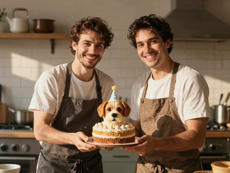 Two friendly bakers smiling in a warm, rustic kitchen, holding a freshly decorated canine birthday cake, natural sunlight.