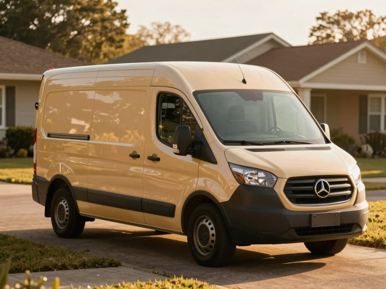 A clean, warm-toned mobile delivery van parked in a sunny suburban Norwood driveway, golden-hour light.