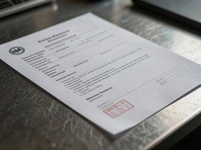 Extreme close-up of high-grade shipping documents with official stamps, laying on a dark steel desk, dramatic side lighting, desaturated steel tones