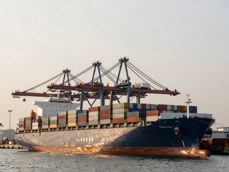 Wide-angle environmental shot of a massive container cargo ship docked at a busy industrial port terminal during overcast daylight, cranes active, desaturated steel and amber tones.