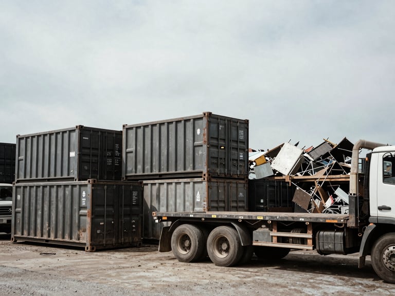 Wide shot of various heavy-duty industrial roll-off containers and flatbed trucks in a scrap yard, overcast Pennsylvania sky, high contrast, gritty industrial photography