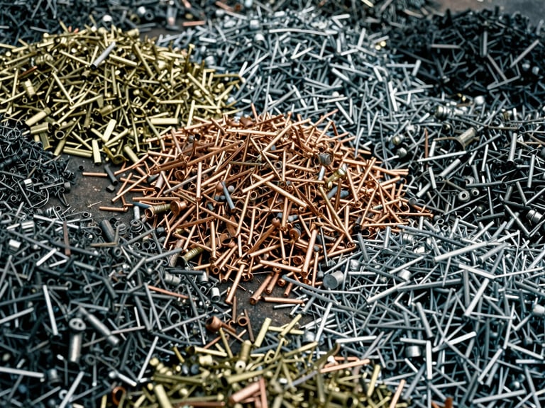 Close-up of sorted piles of industrial metal turnings (brass, copper, steel) under overcast daylight, raw textures, high contrast, gritty industrial photography
