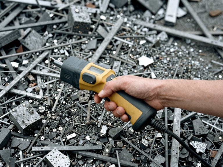 Handheld XRF analyzer being used on a pile of raw metal scrap, focus on the device and metal texture, overcast daylight, high contrast, gritty industrial photography