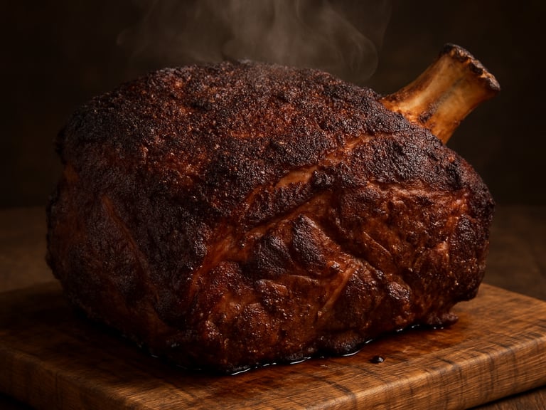 Hot steaming smoked bone pork shoulder with a charred pepper crust on a rustic wooden cutting board.