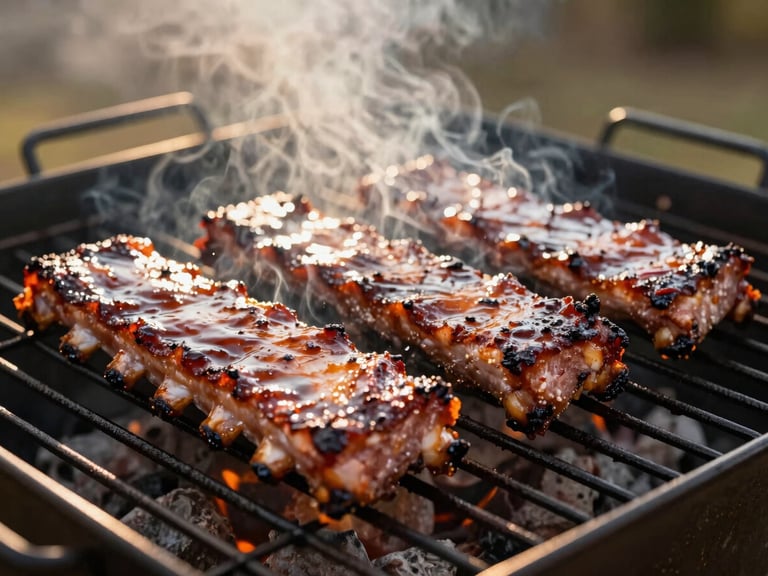 Rack of smoked pork ribs, glistening with sauce, on a grill grate, smoke rolling, golden hour light, shallow depth of field, 35mm