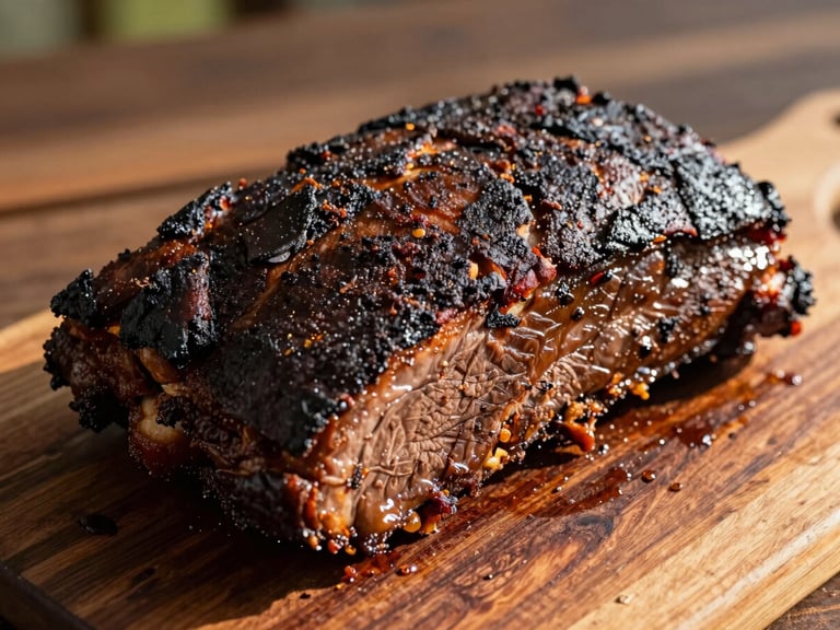 Close-up of a whole smoked brisket, dark bark, resting on a cutting board, natural outdoor light, rich wood tones, shallow depth of field, 35mm