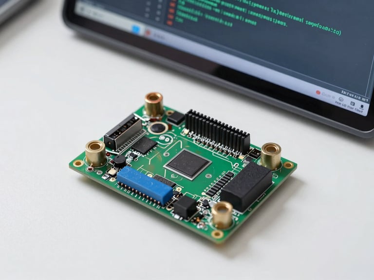 Top-down view of an Android development board connected to a clean workspace screen displaying a compiler output with zero errors