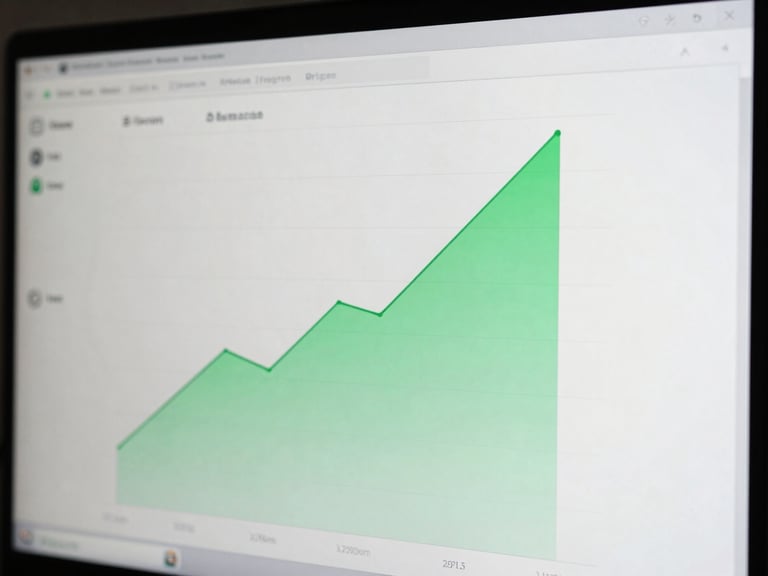 Real-time dashboard screen showing upward trends, electric green highlights, cool desaturated tones, crisp 35mm lens