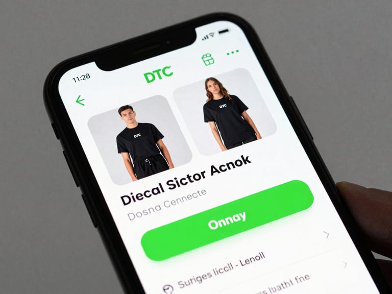 Close-up of a mobile phone screen displaying a high-converting social media ad for a DTC apparel brand, showing clear product imagery and a strong call to action, with real-time analytics data overlaid in electric green, high-contrast studio lighting, cool desaturated tones.