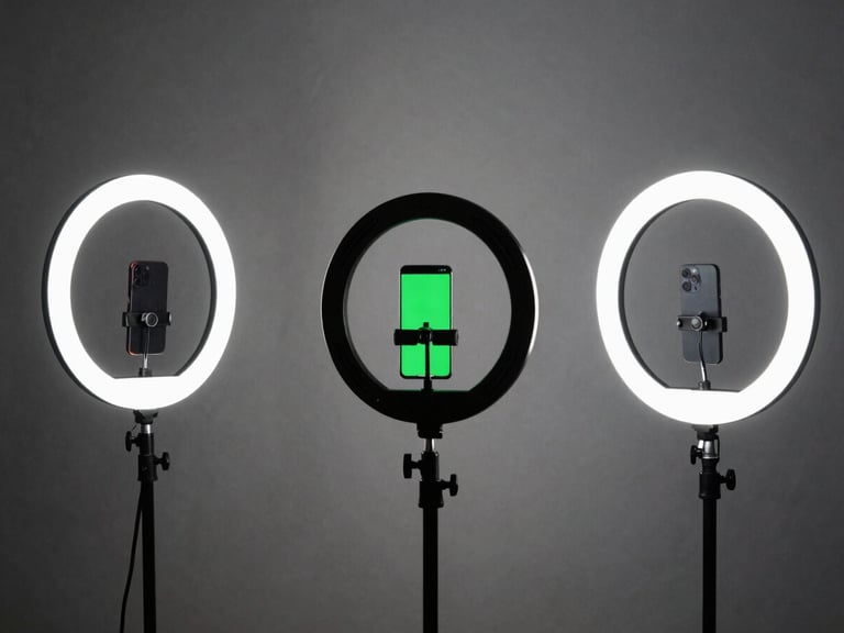 Behind-the-scenes content creation setup with ring lights and phones, high-contrast studio lighting, cool desaturated tones