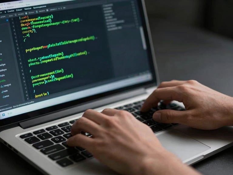 Close-up of hands typing code on a laptop screen with performance metrics, sharp studio lighting, electric green highlights
