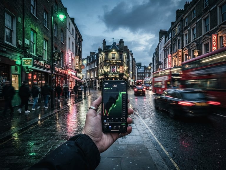 Wide-angle gritty London street at dusk, high-contrast studio lighting, neon signs reflecting on wet pavement, blurred motion of cars, electric green accent in a street light, a phone screen showing an upward trend in the foreground.