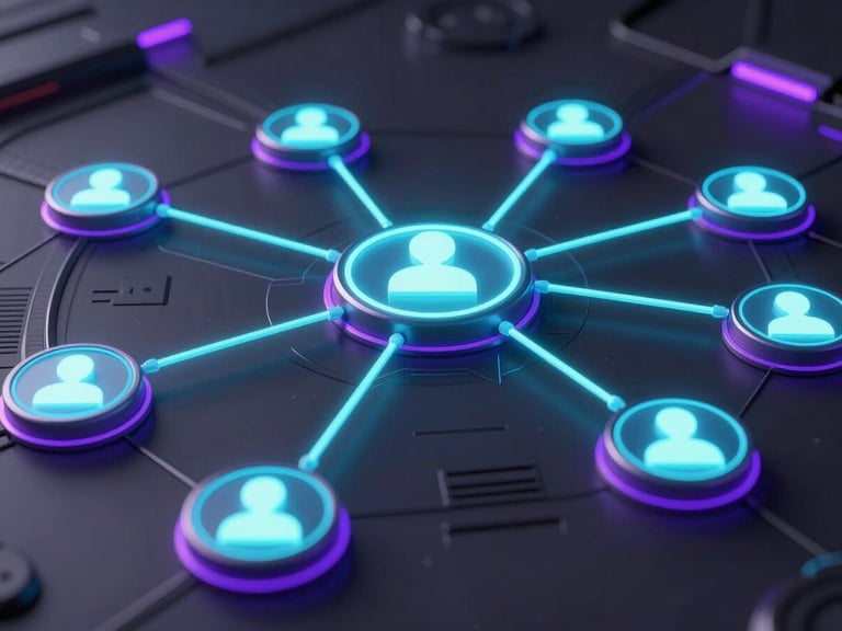 A wide, detailed 3D render of a complex conversational flowchart, glowing neon lines connecting user decision nodes, dark tech aesthetic, violet edge glows, macro depth of field.