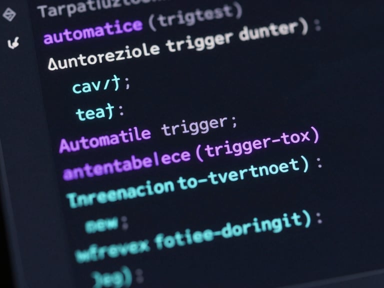 Sleek close-up of clean code on a dark screen, highlighting automated trigger functions with neon violet accents, macro depth of field, tech aesthetic.