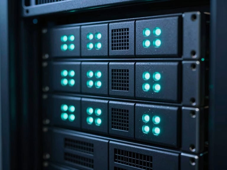 Macro shot of modern clean server array with glowing cool teal indicator lights, sharp focus, 35mm