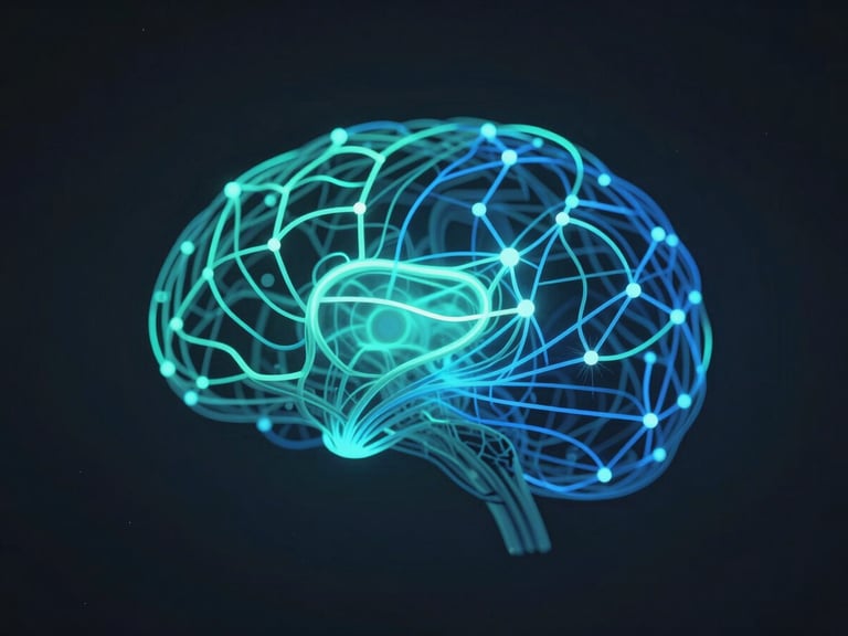 Abstract data visualization of neural network pathways, glowing teal and electric blue data flows, dark slate background