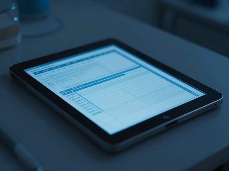 Close-up of a clean clinical workstation, soft blue neon glow from a tablet interface showing structured data visualizations, sharp focus, 35mm