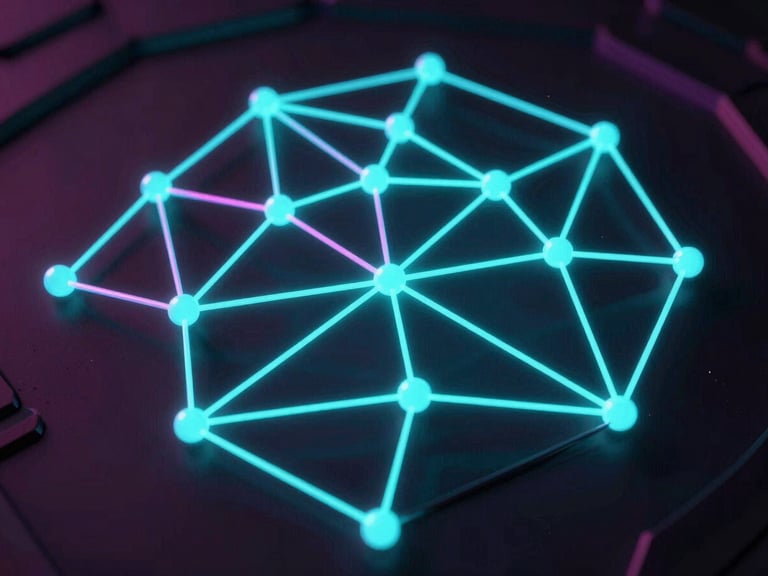 Abstract 3D node network, glowing neon cyan lines, dark metallic surface, extreme close-up, high-contrast low-key lighting.