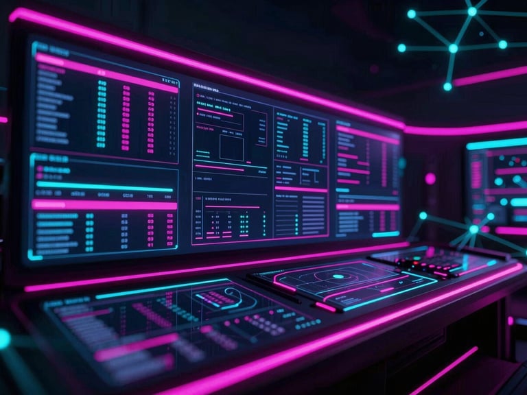 Digital terminal interface displaying complex campaign data, neon magenta highlights, screen reflections, wide abstract digital environment.