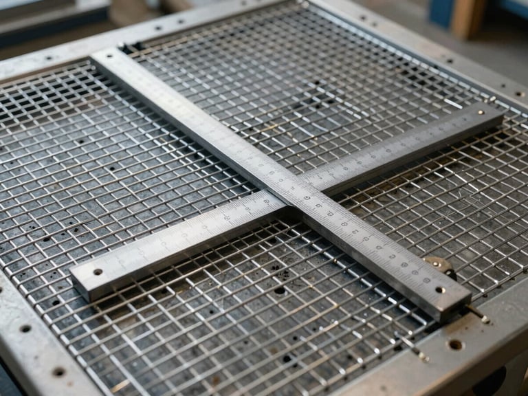 Flat overhead 45-degree photograph of a welded mesh sheet sample on a workstation, a metal measuring gauge placed across two openings showing exact aperture dimensions, bright even north-facing industrial lighting, no shadows, grid structure sharp and fully visible