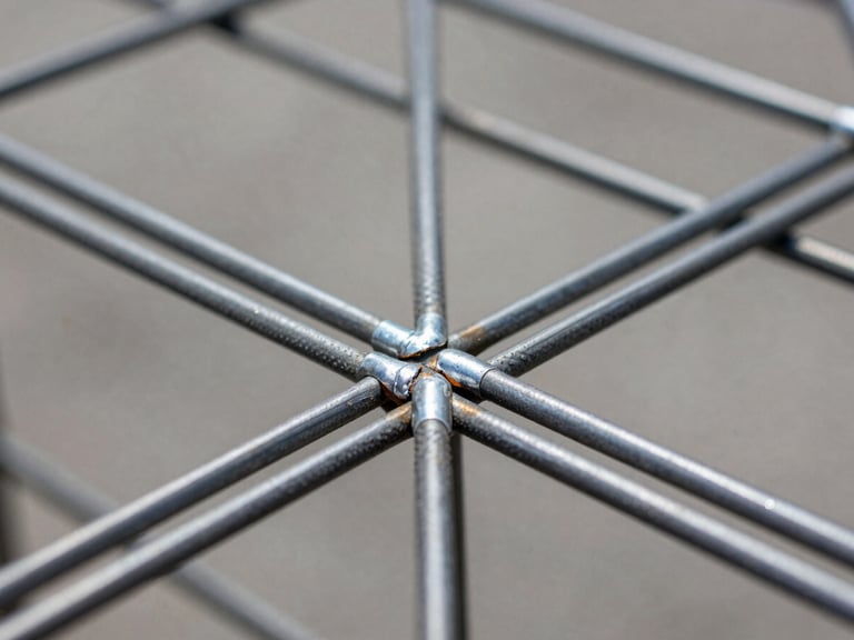 Macro close-up of a welded wire mesh intersection showing a clean resistance weld bead, bright even studio lighting from above, wire gauge visible with sharp focus on the weld node, flat overhead angle revealing grid regularity