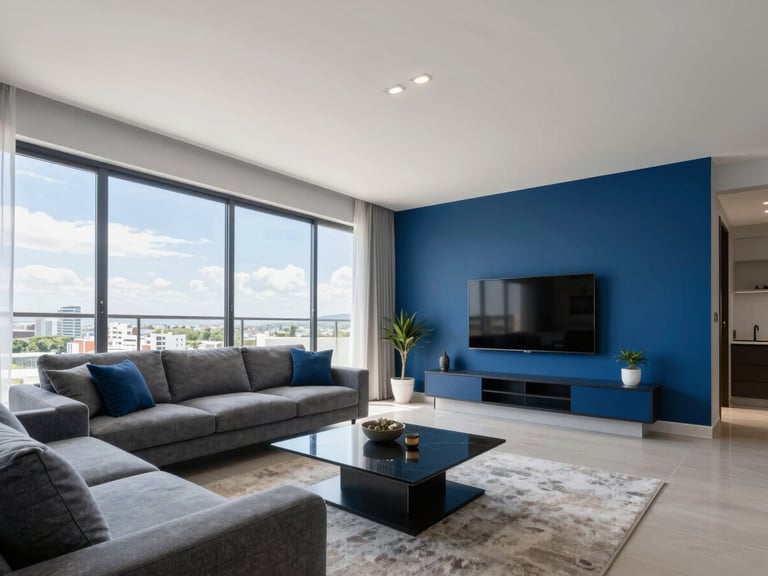 Sharp architectural photography of a modern high-end apartment living room in Curitiba, bright natural daylight, clean deep blue and slate gray accents, 24mm wide-angle lens