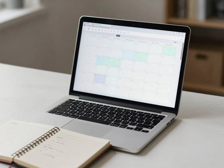 Wide shot of a laptop screen showing a calendar with booked meeting slots, a notepad with prospect notes in the foreground, soft overhead desk lighting, clean minimal workspace