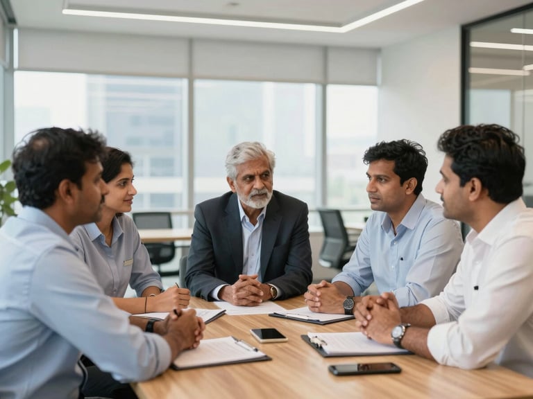 A bright, naturally lit modern corporate office in Mumbai, Indian business leaders discussing operations around a wooden table, professional editorial style, 35mm lens.