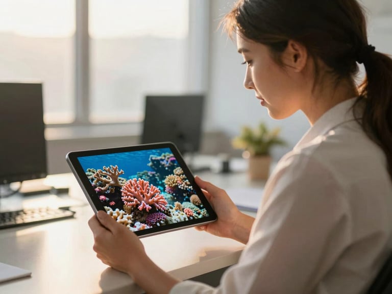 A young professional woman in a modern office looking at a tablet showing a vibrant coral reef, warm natural light, shallow depth of field